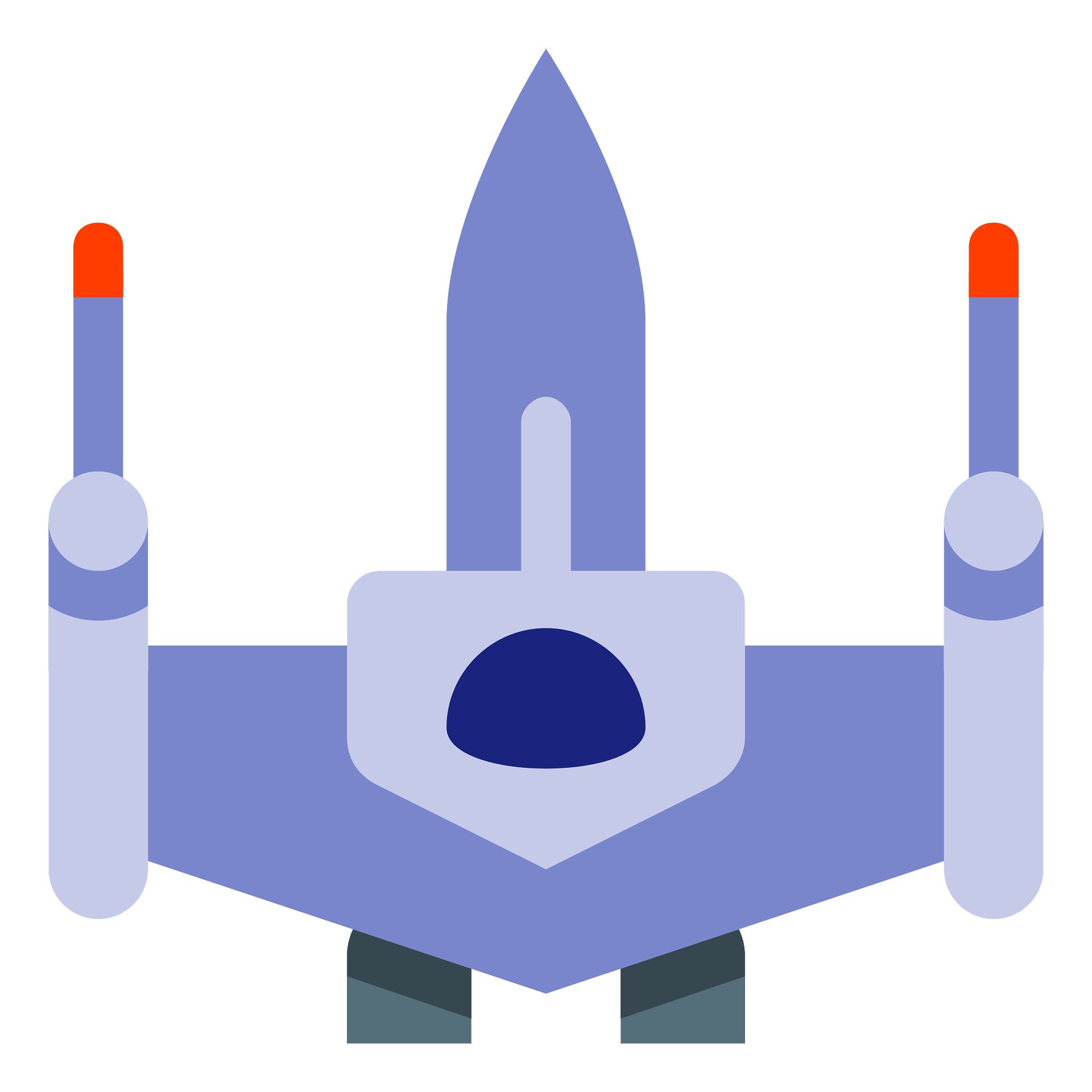 Stylized futuristic spaceship with central cockpit, twin engines, and orange-tipped thrusters on a teal background.