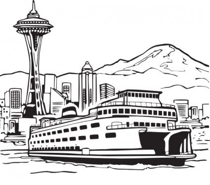 Seattle skyline with Space Needle, ferry boat, and Mount Rainier in background-black-and-white line drawing.