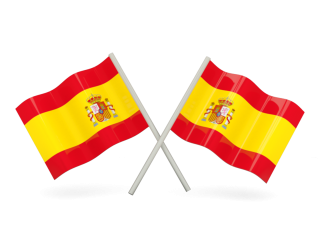 Two crossed Spanish flags with red and yellow stripes and the national coat of arms.