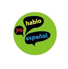 Green circular logo with speech bubbles saying "yo", "hablo", and "español" in red, yellow, and blue text.