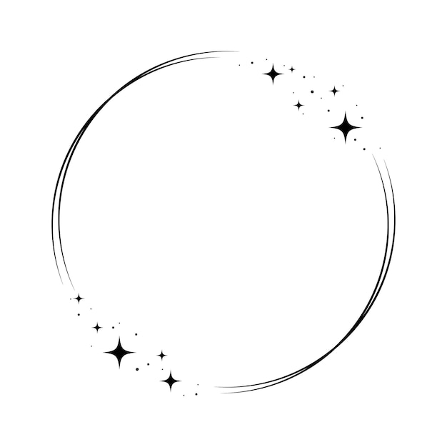 Elegant black-and-white circular frame with hand-drawn stars and sparkles, ideal for decorative or celebratory designs.