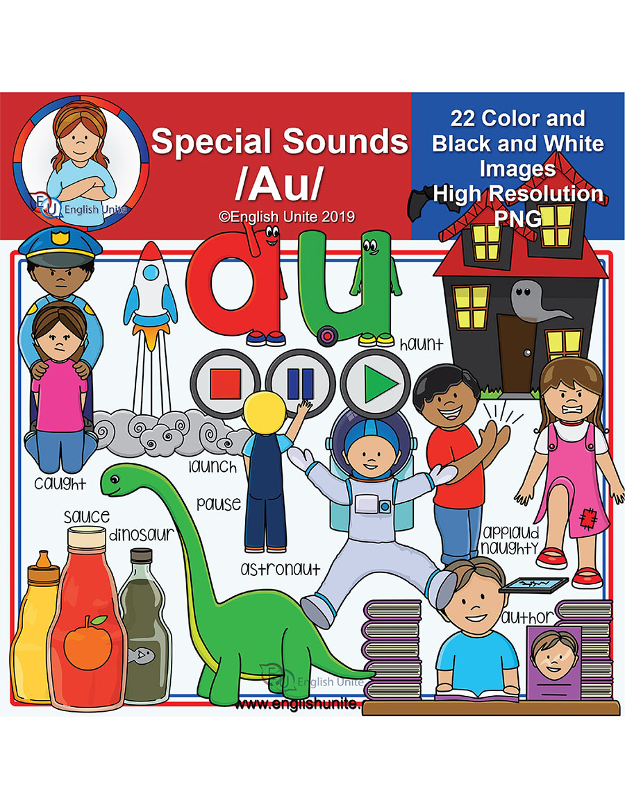 Educational clipart for /Au/ phonics sound with colorful illustrations of words like caught, sauce, dinosaur, astronaut, haunt, and author.