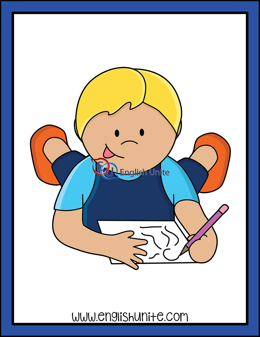 A cartoon boy with blond hair sits at a desk, drawing on paper with a purple pencil, wearing a blue shirt and orange chair arms visible.