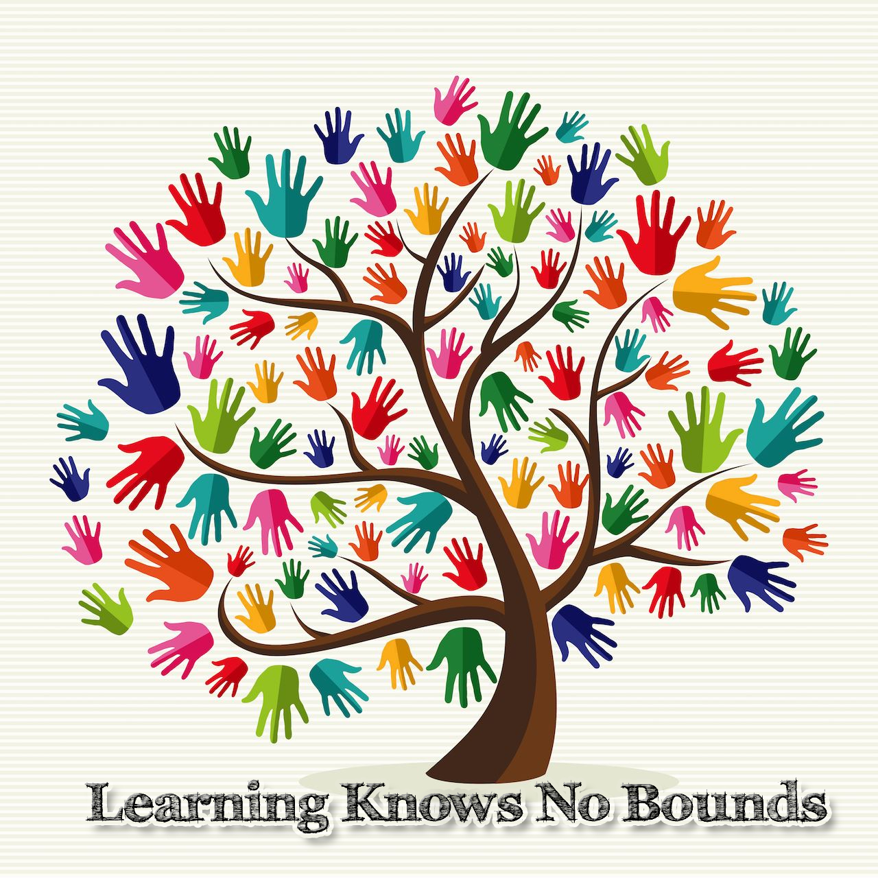 A vibrant tree with colorful handprints as leaves and the text "Learning Knows No Bounds"