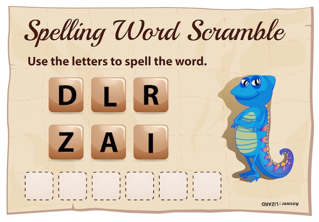 Spelling Word Scramble puzzle with letters D, L, R, Z, A, I and a cartoon blue lizard; answer is "LIZARD".