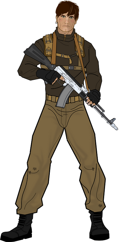 A tactical soldier in brown uniform holding a silver-and-black assault rifle, wearing gloves and combat boots.