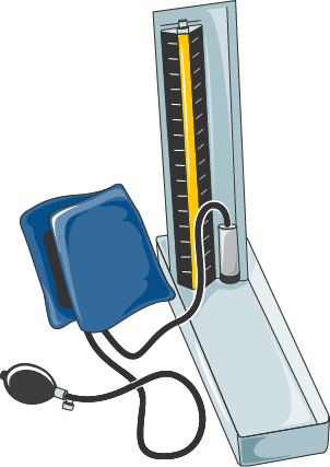 Illustration of a manual sphygmomanometer with blue cuff, black bulb, and vertical mercury-style gauge for measuring blood pressure.