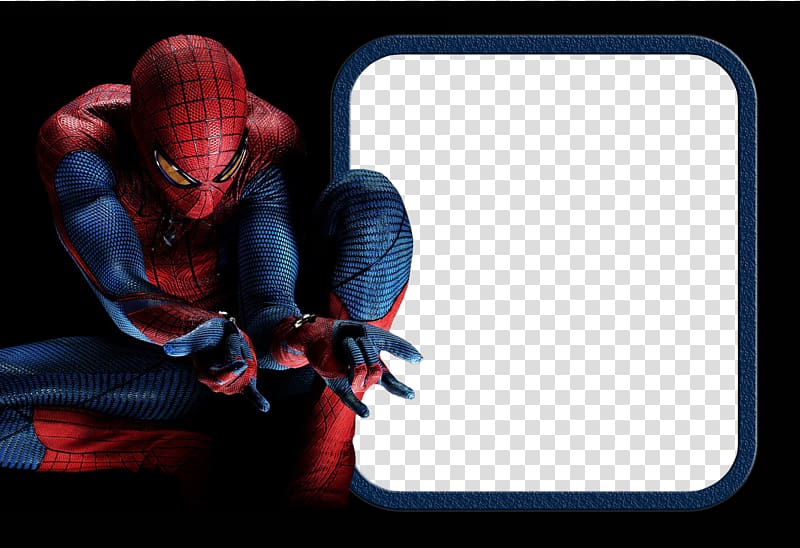 Spider-Man in red-and-blue suit crouching beside a blank frame with textured blue border on transparent background.
