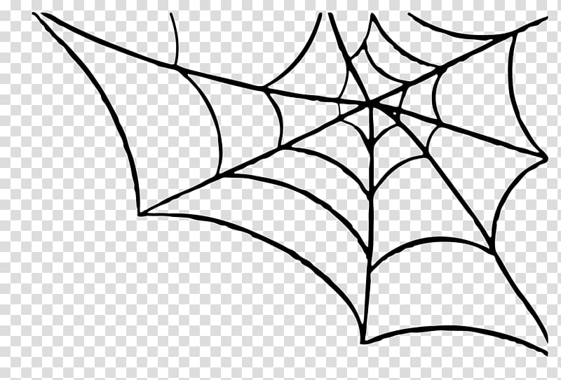 Hand-drawn black-and-white spiderweb illustration on transparent background, featuring radial and spiral threads with irregular symmetry.