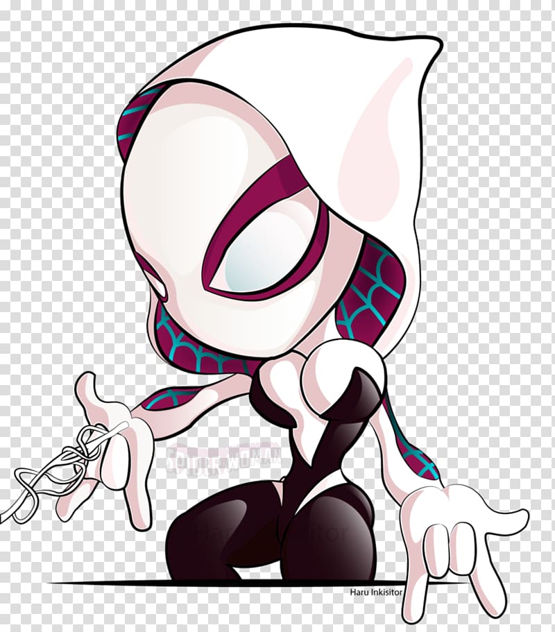 Chibi-style Spider-Gwen in white hooded suit with purple and teal webbing, crouching and holding web-shooters.