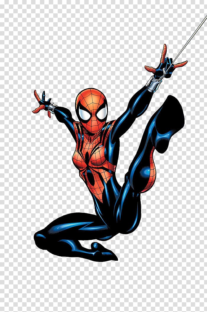 Spider-Woman in dynamic web-slinging pose, wearing red-and-blue suit with black accents and white eye lenses.