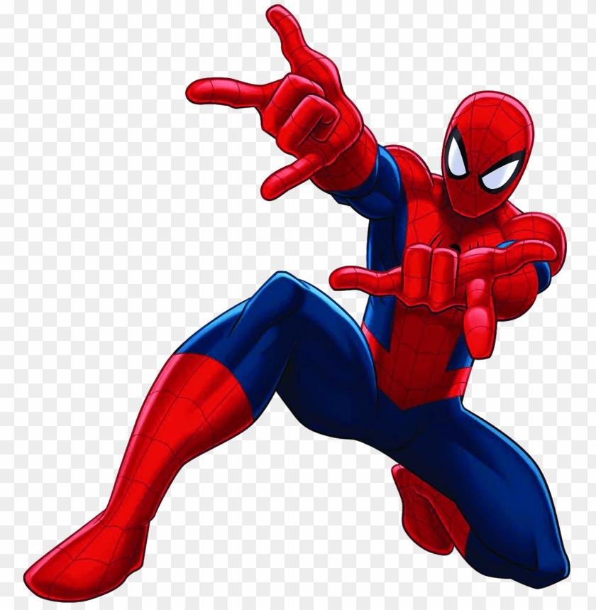 Spider-Man in classic red-and-blue suit striking a dynamic web-slinging pose with both hands extended forward.