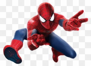 Spider-Man in dynamic mid-air pose, red and blue suit, web-shooting gesture, iconic white eye lenses.