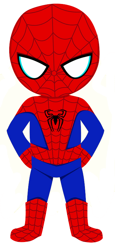 Chibi-style Spider-Man in classic red and blue suit with web pattern, hands on hips, glowing white eyes, yellow background with gray silhouettes.