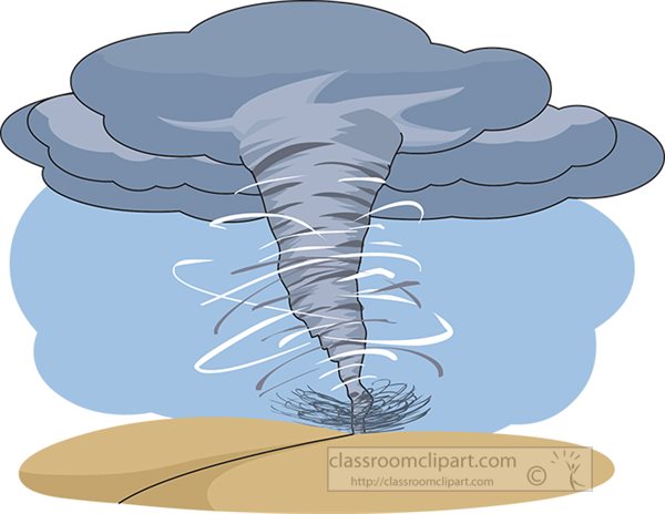 A cartoon-style tornado swirling from a dark storm cloud down to the ground, with visible wind streaks and debris.