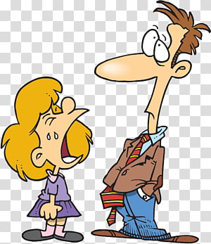 Cartoon of a surprised girl looking up at a tall, bewildered man with messy hair and mismatched clothes.