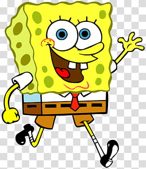 SpongeBob SquarePants running joyfully in his signature outfit with a wide smile.