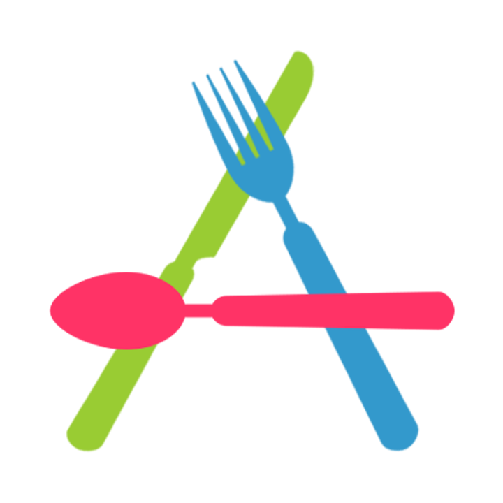 Colorful stylized cutlery logo with pink spoon, green knife, and blue fork overlapping in an abstract design.