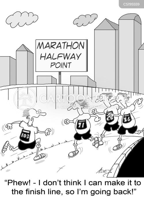 A cartoon runner at the marathon halfway point declares he’s quitting and turning back, while others press on.