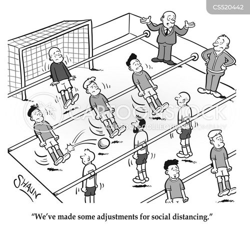 Cartoon of soccer players on a foosball table with a referee, illustrating social distancing adjustments.