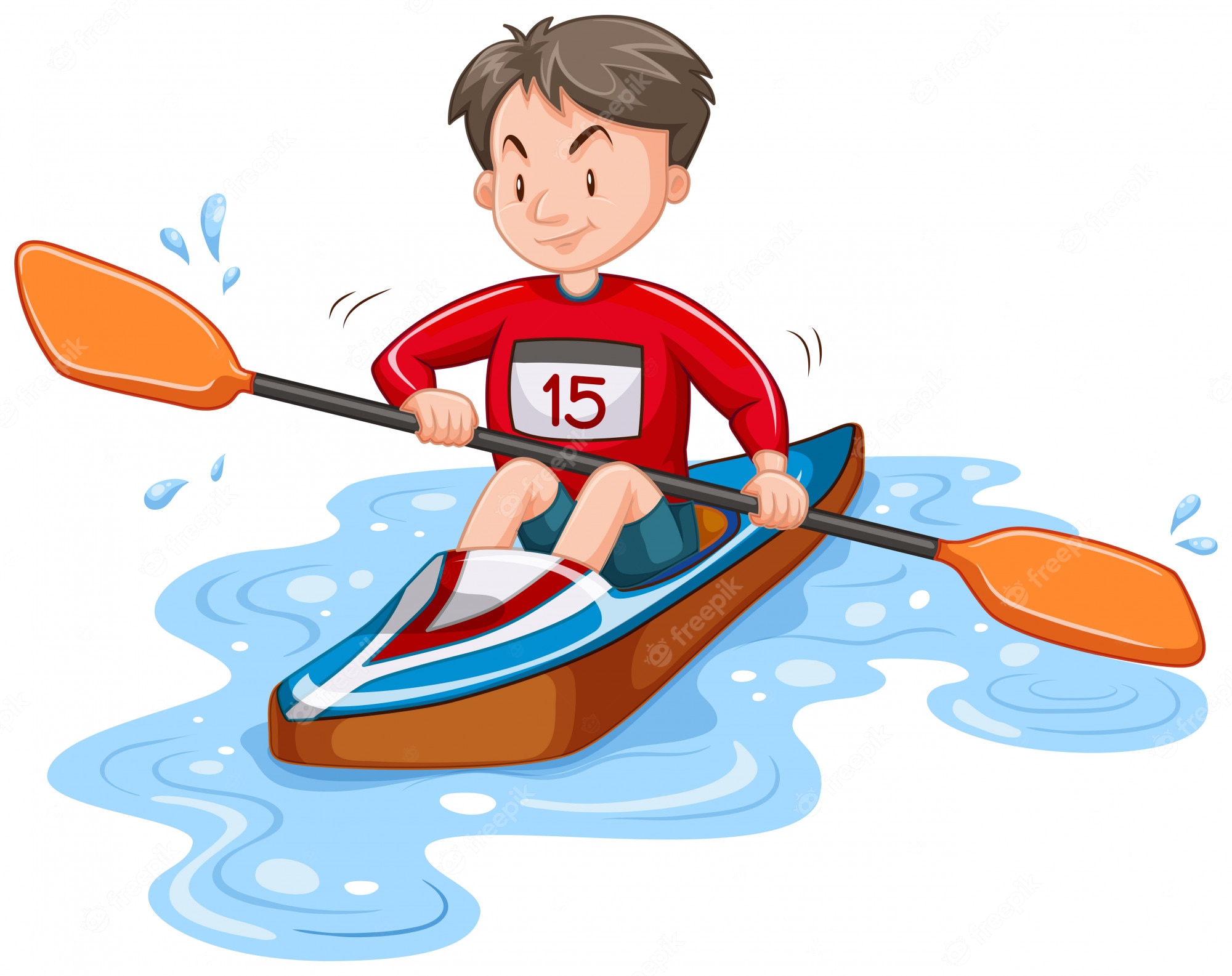 Boy in red shirt with number 15 paddling a blue and brown kayak on water.