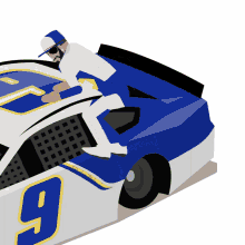 NASCAR driver in white uniform leaning on blue-and-white race car with number 9.