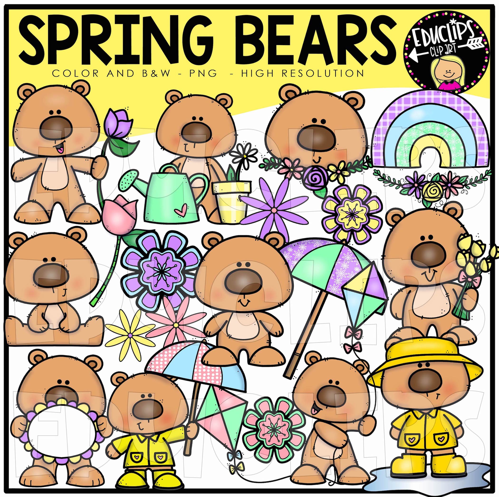 Cute cartoon spring bears with flowers, rainbows, kites, and umbrellas in color and black-and-white PNGs.