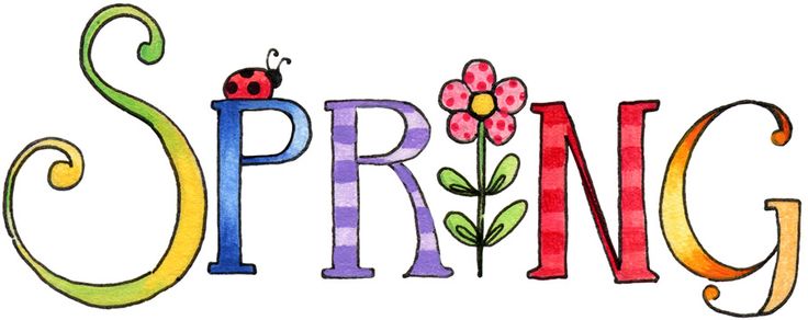 Colorful hand-drawn "SPRING" text with a ladybug on the 'P', a pink polka-dot flower on the 'R', and decorative swirls.
