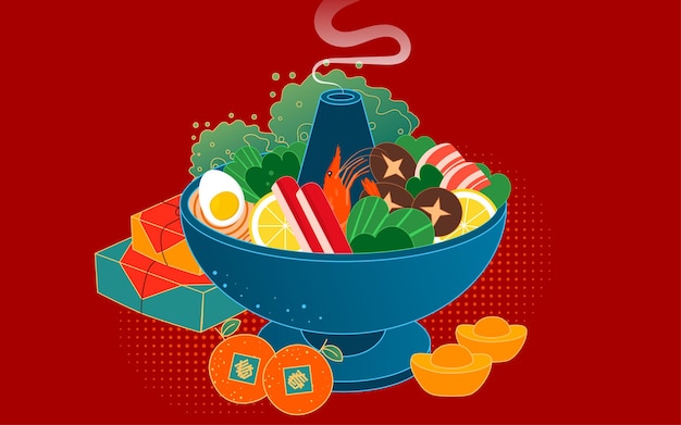 Steaming hot pot with vegetables, seafood, eggs, and citrus slices in a blue bowl, surrounded by oranges and gold ingots on red background.