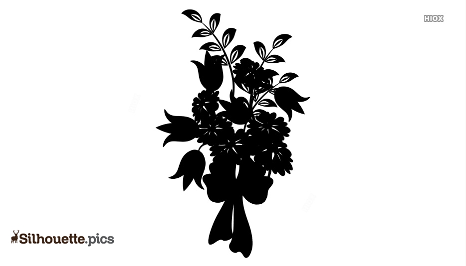 Black silhouette of a floral bouquet with roses, tulips, leaves, and ribbon bow on white background.