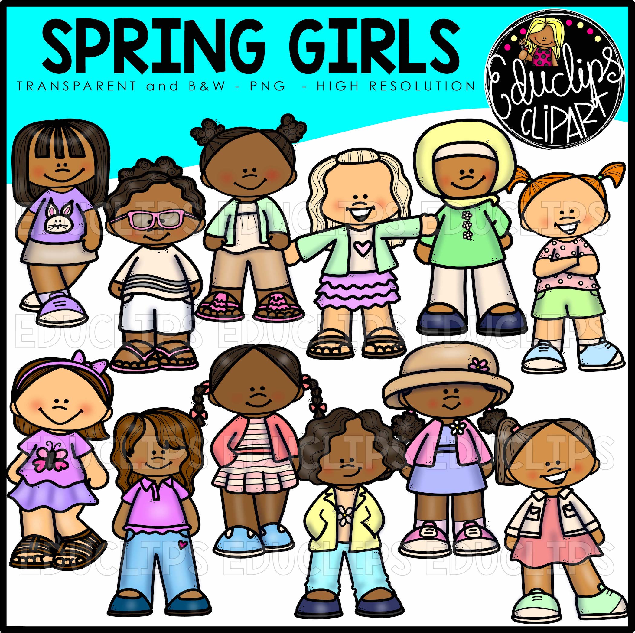 Spring Girls Clipart - Diverse, High-Resolution PNG & B&W for Teachers and Designers