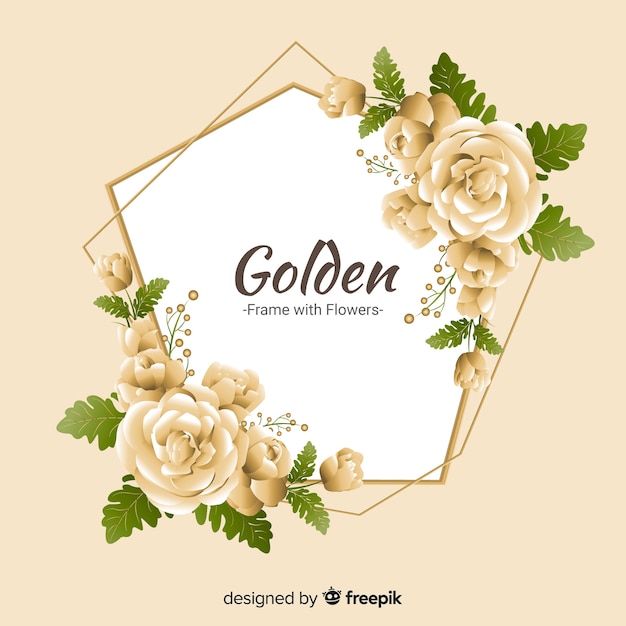Golden floral frame with cream roses and green leaves on beige background, elegant decorative border design.