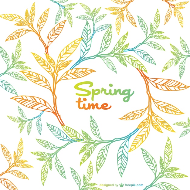 Colorful hand-drawn spring leaf wreath with "Spring time" text in center, featuring gradient green, yellow, and orange foliage.