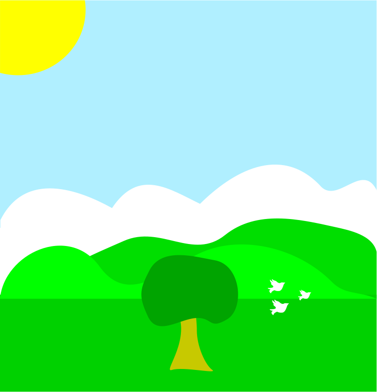 Bright cartoon landscape with yellow sun, light blue sky, white clouds, layered green hills, and a stylized tree with birds.