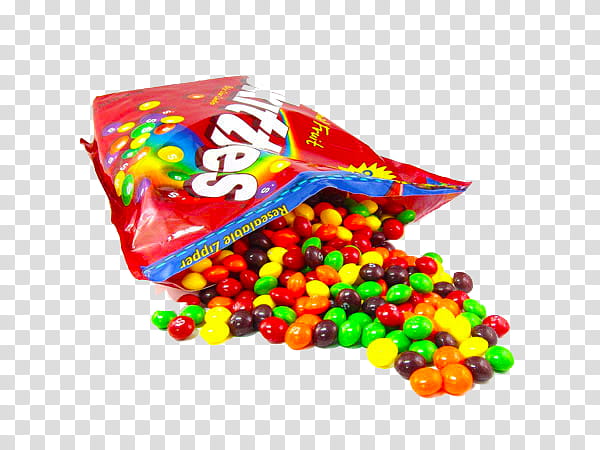A red Skittles candy bag tipped over, spilling colorful fruit-flavored candies onto a transparent background.