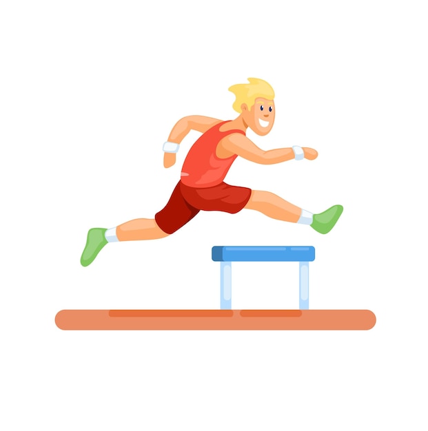 Blond athlete in red outfit leaping over a blue hurdle on a track.