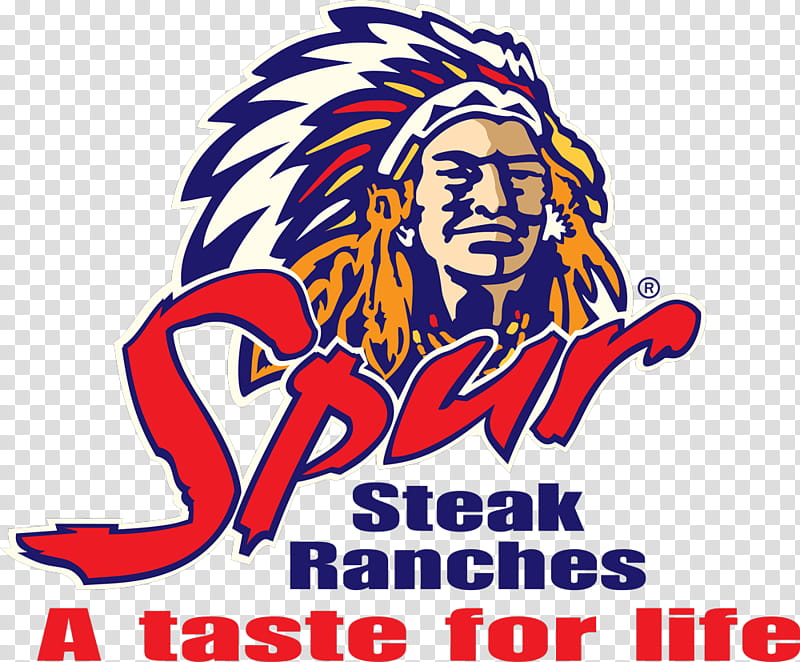 Spur Steak Ranches logo featuring a Native American chief in headdress with bold red "Spur" text and tagline "A taste for life".