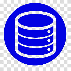 Blue circular icon depicting a stylized database with three stacked disks and dots, representing data storage or management.