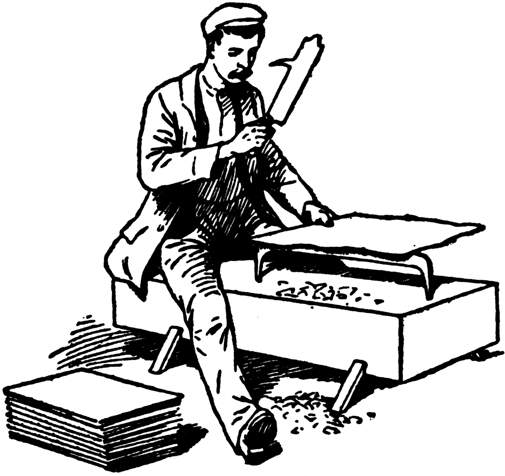 A vintage illustration of a craftsman using a hand saw to cut wood on a workbench, with shavings and stacked boards nearby.