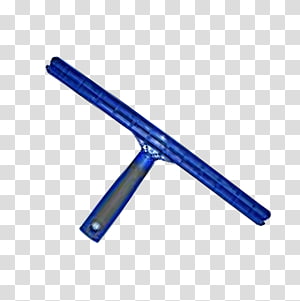 Blue T-shaped squeegee with rubber blade and ergonomic handle on transparent background.