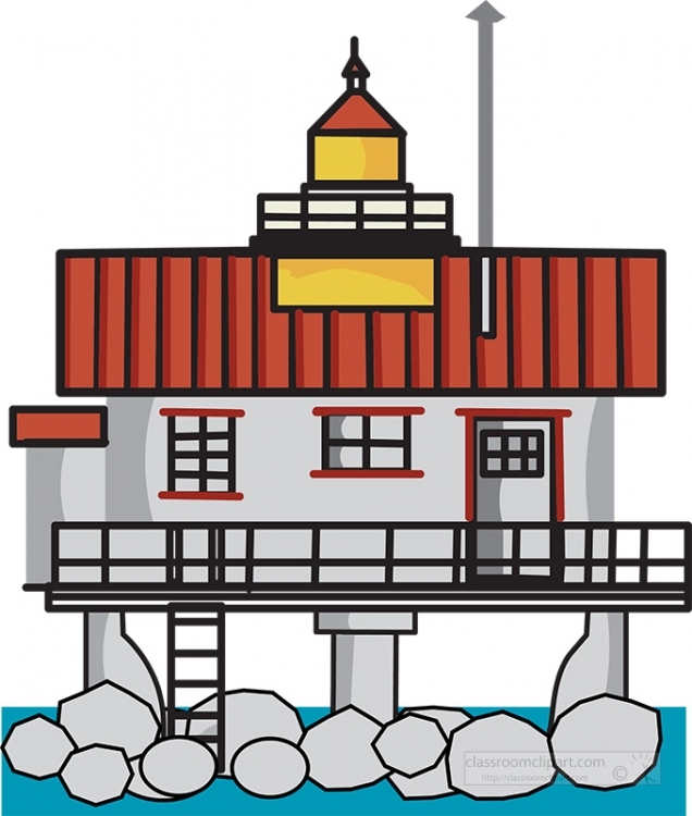 Cartoon-style lighthouse on stilts over rocks and water, with red roof, gray walls, and yellow lantern room.