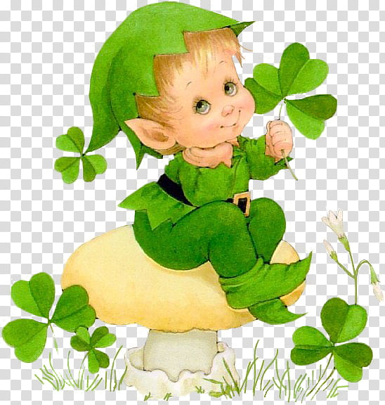 Charming leprechaun child in green hat and outfit sits on a mushroom holding a four-leaf clover, surrounded by shamrocks.