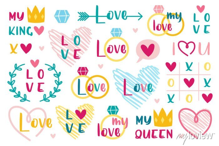 Colorful hand-drawn love-themed doodles including hearts, crowns, rings, and "Love" text in playful fonts.