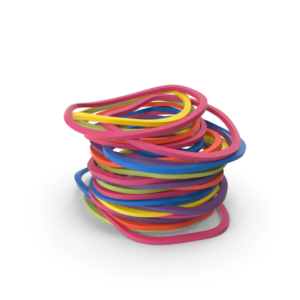 A colorful tangled pile of rubber bands in pink, blue, yellow, green, orange, and purple on a white background.