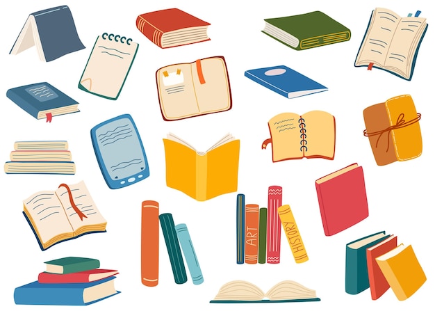 Collection of colorful illustrated books, notebooks, and reading devices in various orientations and styles.