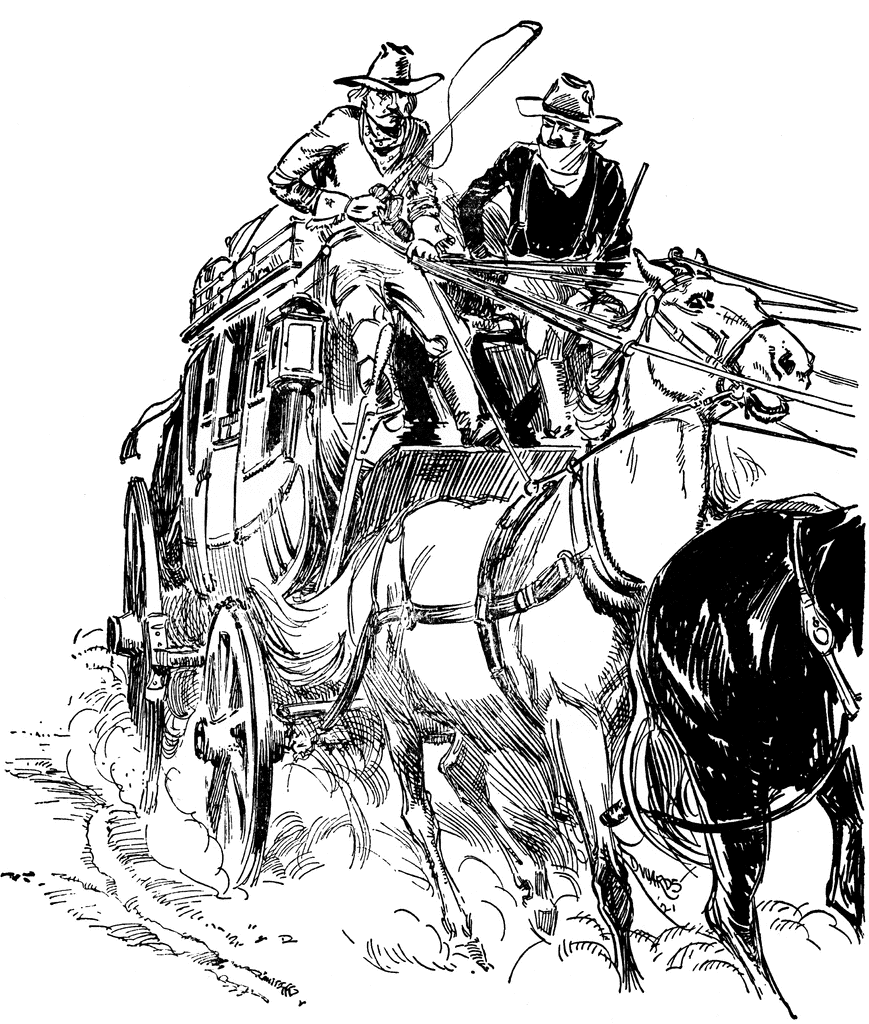 Two cowboys driving a horse-drawn stagecoach at speed, one holding a whip, detailed ink illustration.