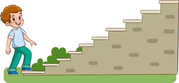A smiling boy in a blue shirt and green pants climbs stone steps beside green bushes.