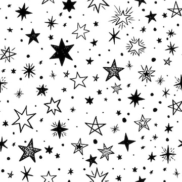 Black and white hand-drawn star pattern with varied sizes, styles, and textures on a white background.