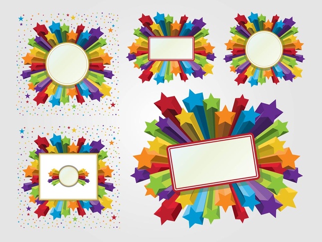 Colorful starburst frames with circular and rectangular placeholders, ideal for celebrations or announcements.