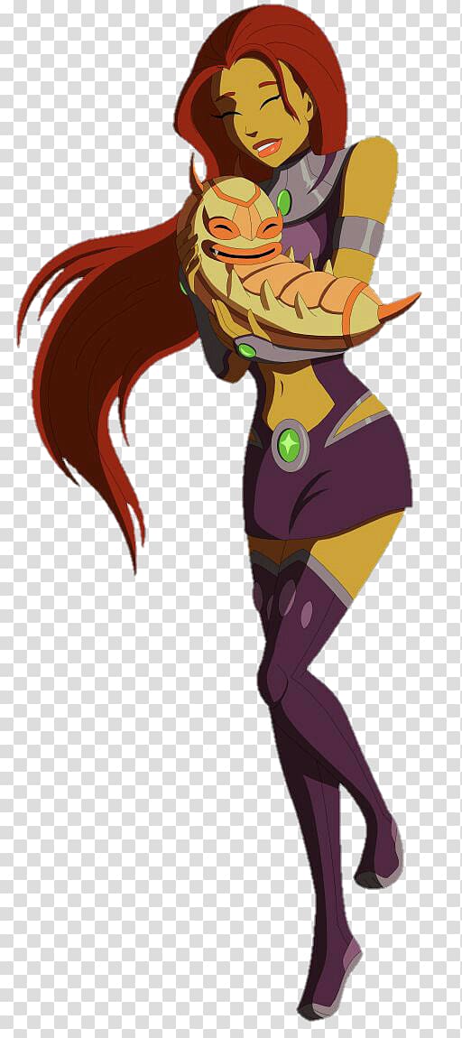 Starfire from Teen Titans hugging a smiling alien creature, both smiling warmly in a vibrant animated style.